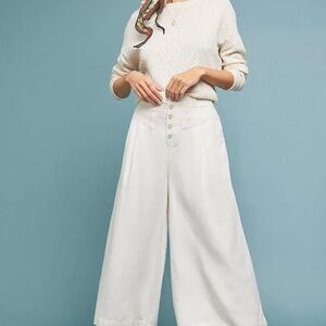 Anthropologie Women Oceanside Wide Leg Crop Pants Cream Button Fly Linen Blend S